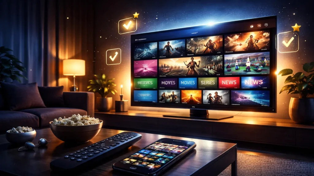 Salon moderne avec smart TV affichant des chaînes en HD pour un abonnement IPTV 12 mois — films, séries, sport et news