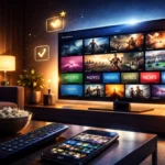Salon moderne avec smart TV affichant des chaînes en HD pour un abonnement IPTV 12 mois — films, séries, sport et news