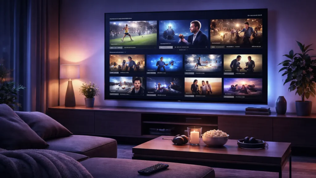 Salon avec Smart TV affichant un abonnement IPTV avec VOD en HD