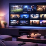 Salon avec Smart TV affichant un abonnement IPTV avec VOD en HD