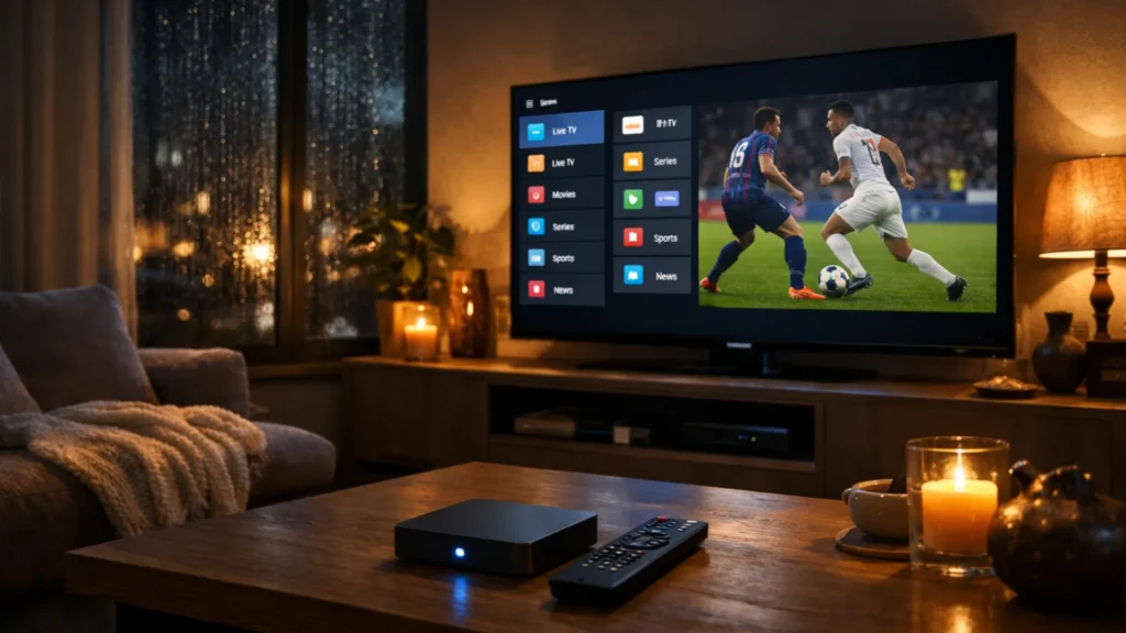 IPTV pas cher Belgique : salon avec Smart TV affichant une interface IPTV avec chaînes sportives en direct et boîtier Android TV sur la table