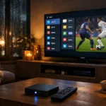 IPTV pas cher Belgique : salon avec Smart TV affichant une interface IPTV avec chaînes sportives en direct et boîtier Android TV sur la table