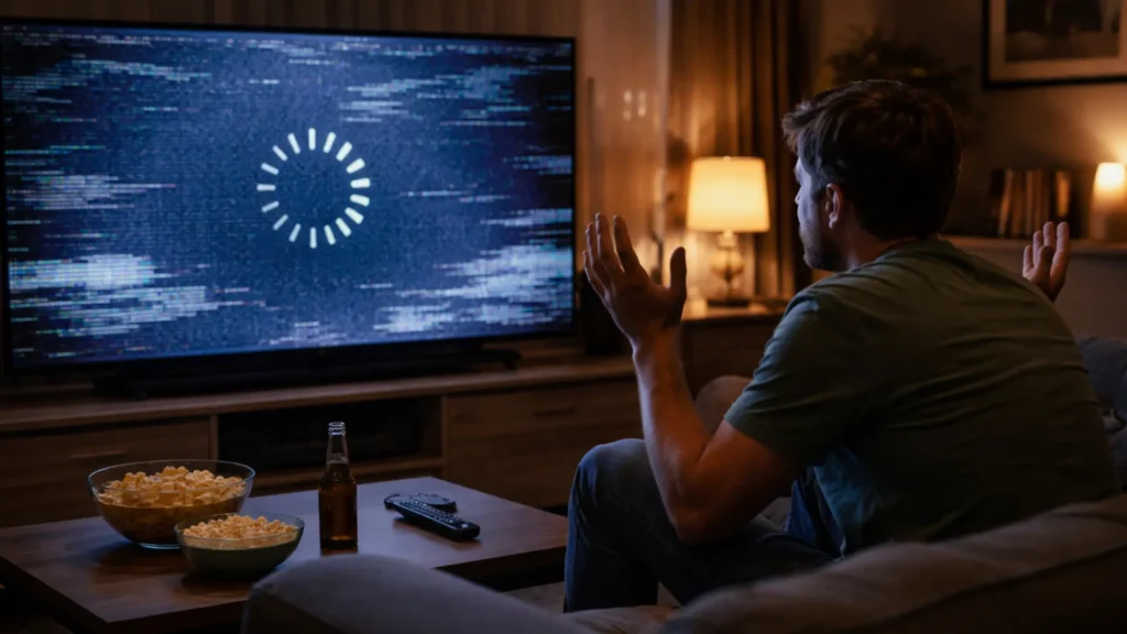 Homme frustré devant sa TV affichant un écran de buffering, cherchant une solution IPTV sans coupure
