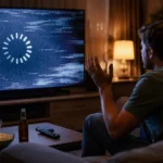 Homme frustré devant sa TV affichant un écran de buffering, cherchant une solution IPTV sans coupure