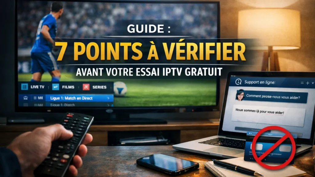 Essai IPTV Gratuit : test d’un service IPTV sur télévision avec match en direct, vérification de la qualité, stabilité et support client sur plusieurs appareils dans un salon moderne