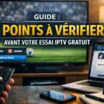 Essai IPTV Gratuit : test d’un service IPTV sur télévision avec match en direct, vérification de la qualité, stabilité et support client sur plusieurs appareils dans un salon moderne