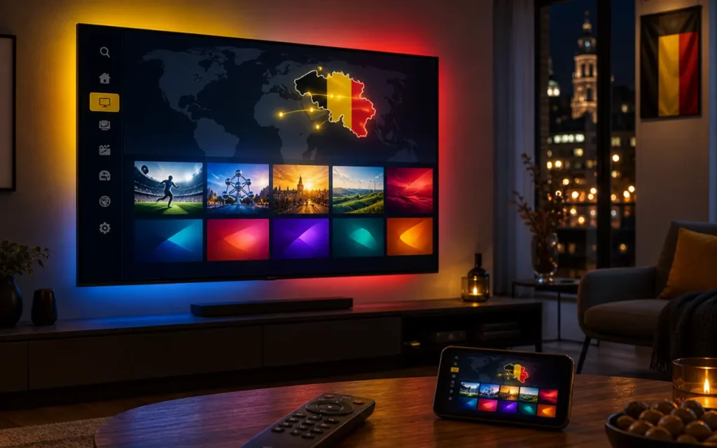 Abonnement IPTV Belgique avec chaînes locales et VOD internationale affiché sur smart TV avec carte de la Belgique, smartphone et télécommande dans un salon